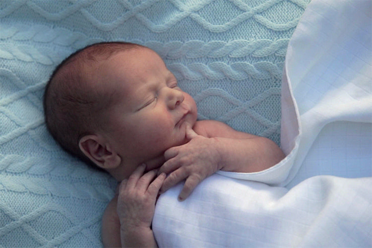 Newborn baby covered with a white musluv on blue blanket