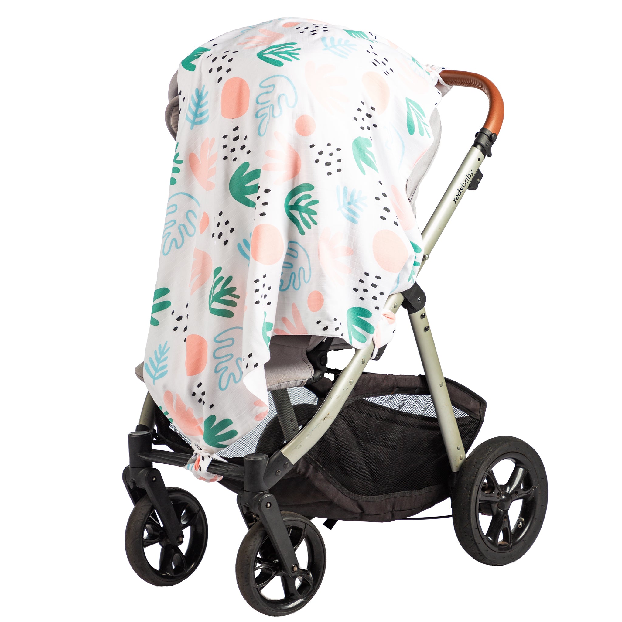 Botanical design musluv cover with green, blue and pink abstract and botanical graphics on a stroller.