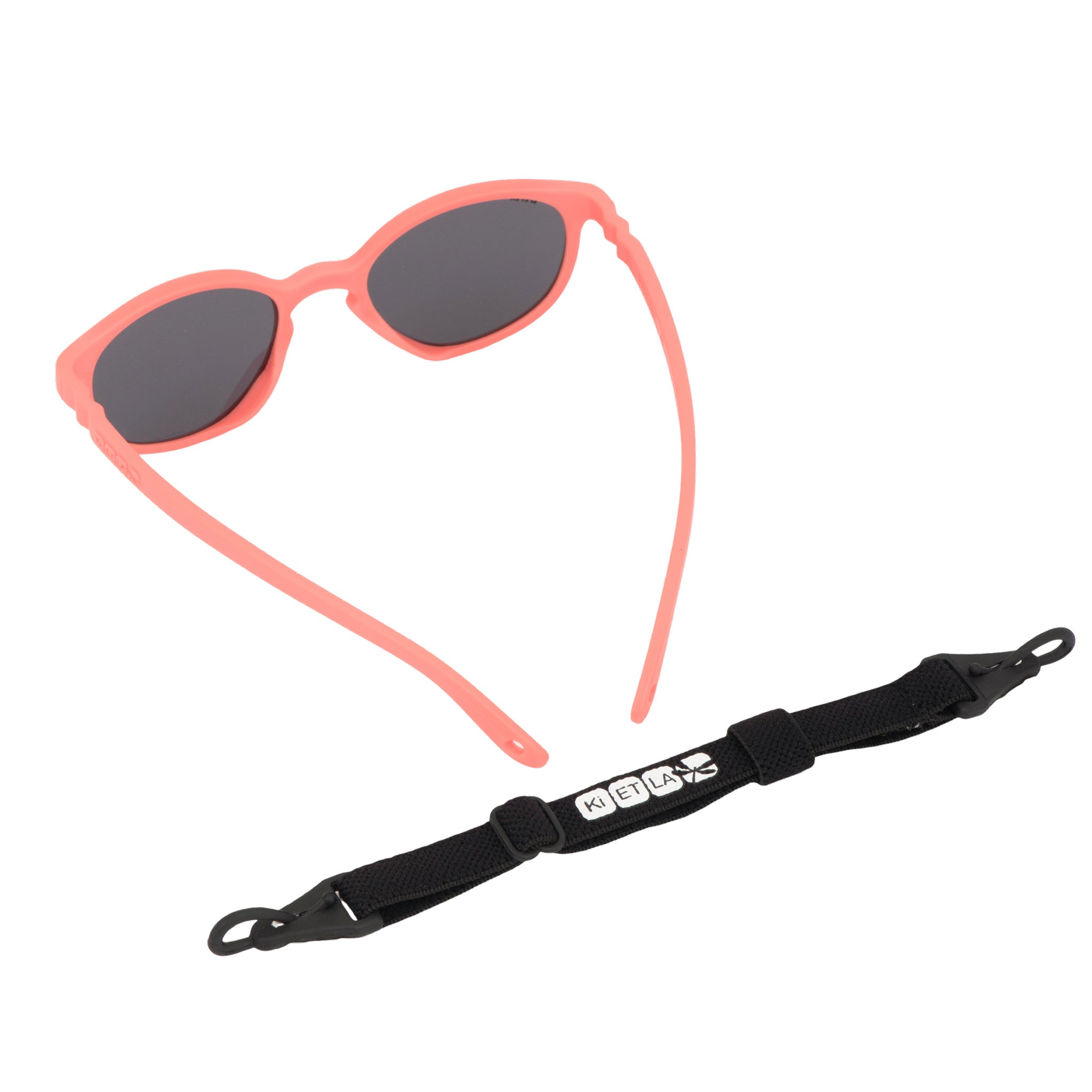 Back view of pink coloured toddler sunglasses  and black head strap