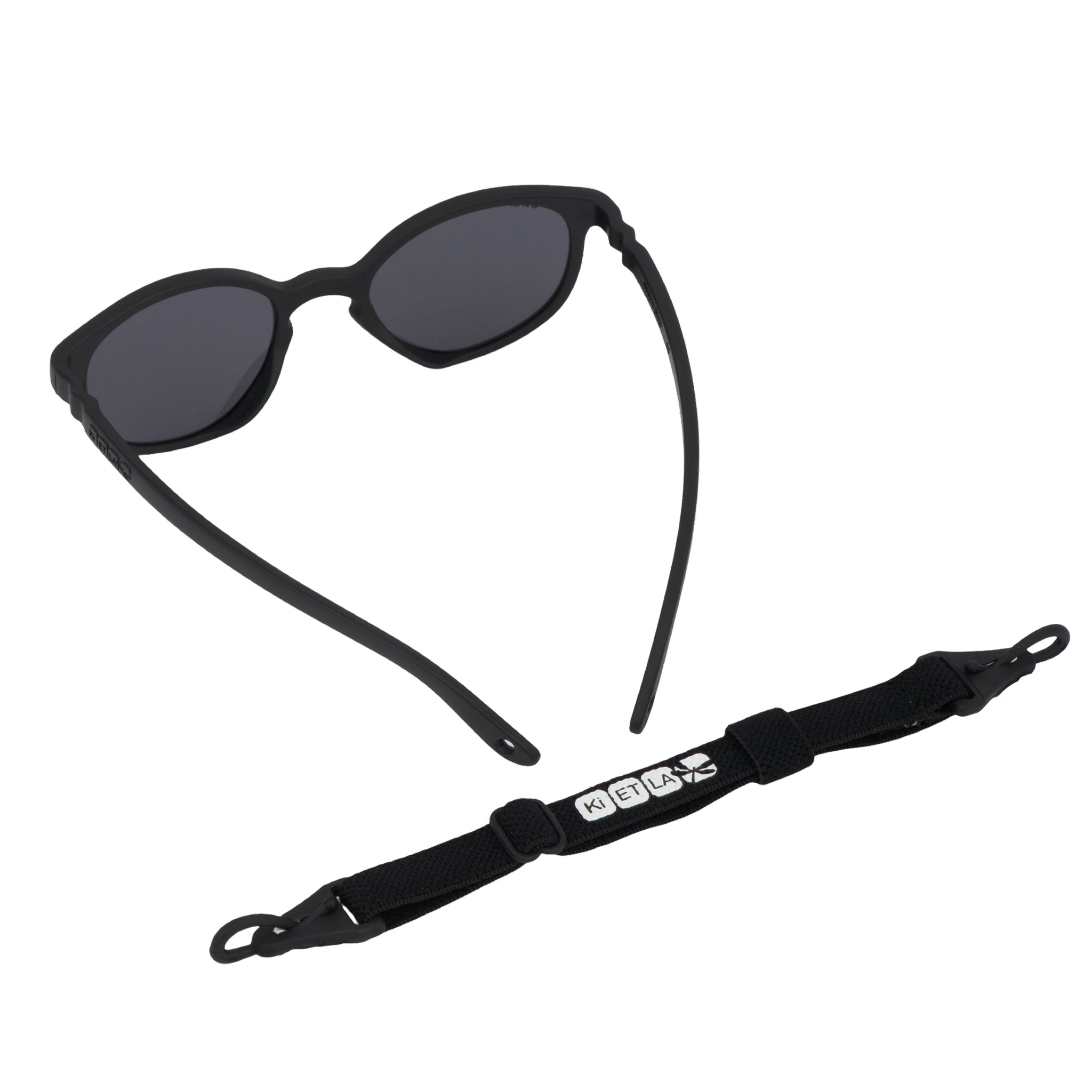 Back view of black toddler sunglasses and black head strap 